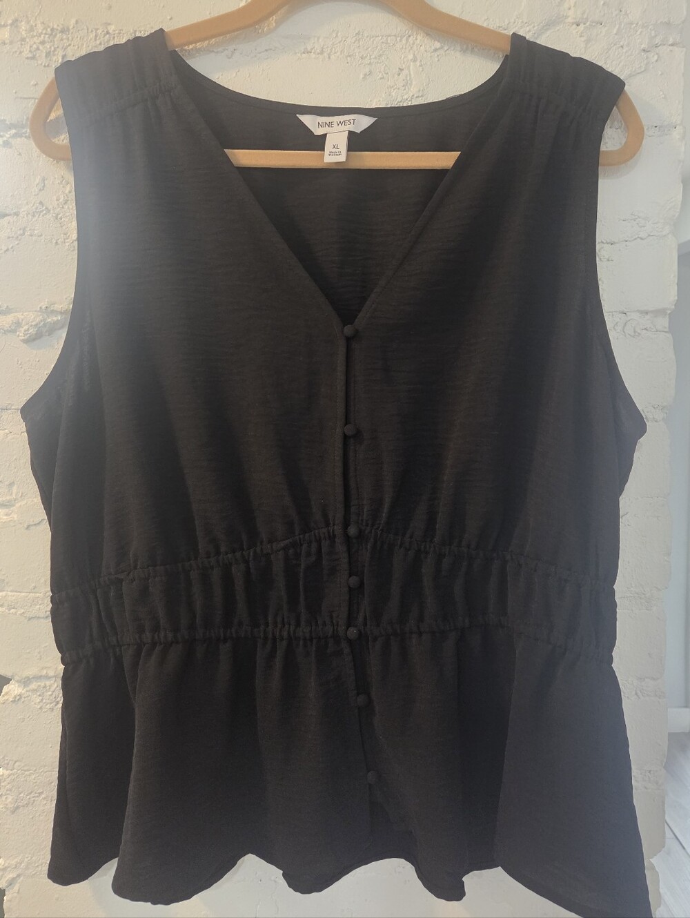 Nine West Black Smocked Waist Sleeveless Button-Front Peplum Top